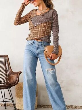 Willow and Root Mesh Top Wide Neck Color:Cinnamon Coffee Small